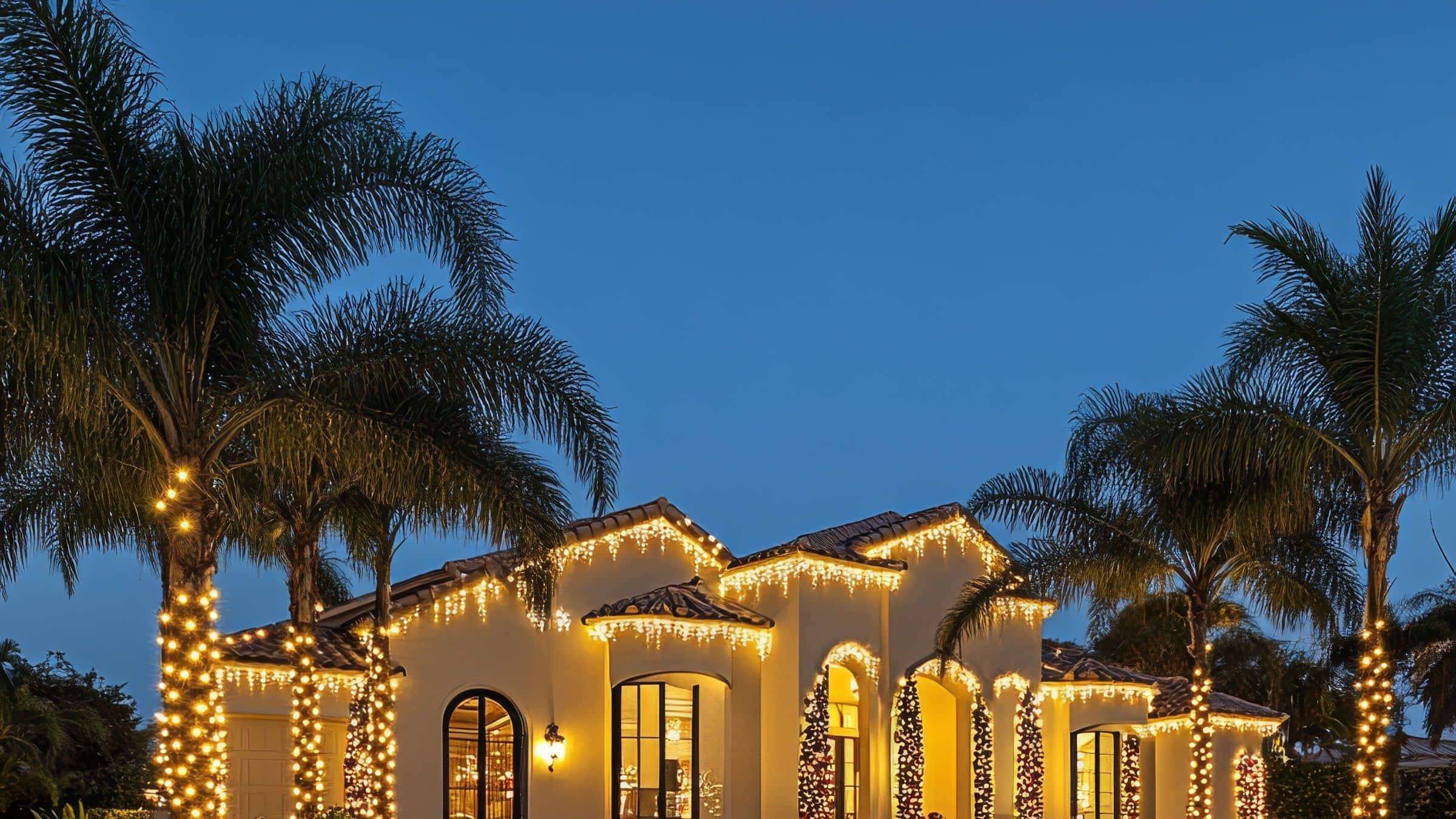 Single-story stucco home at dusk with warm white roofline lighting and wrapped palms under open sky