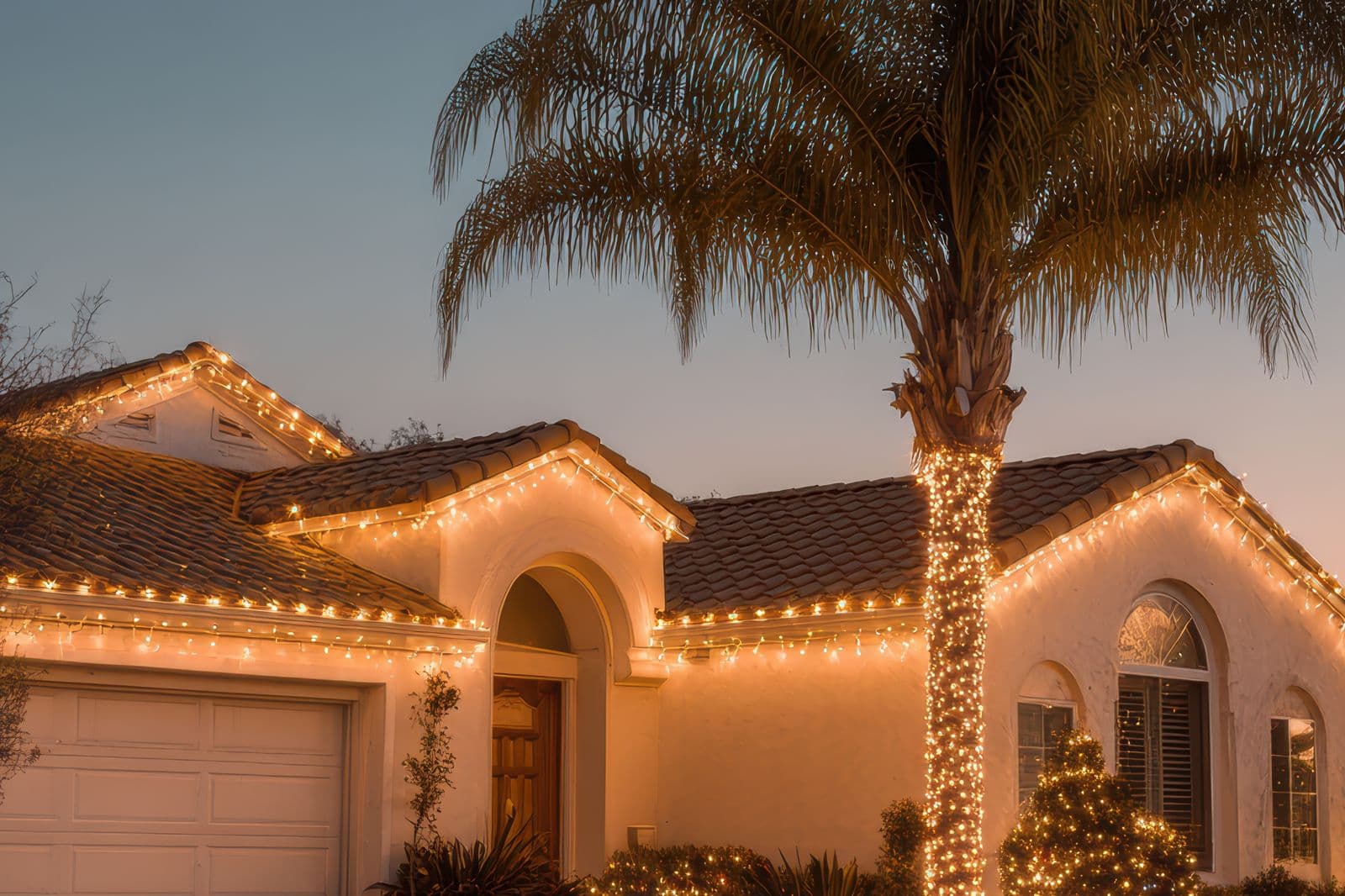 Warm white lighting along the tile roofline of a single-story stucco home with a wrapped palm at dusk